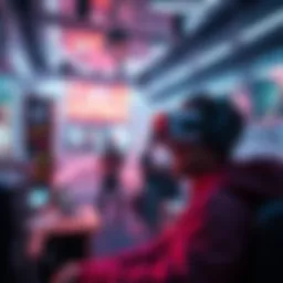 An immersive virtual reality gaming scene depicting a vibrant metaverse environment.