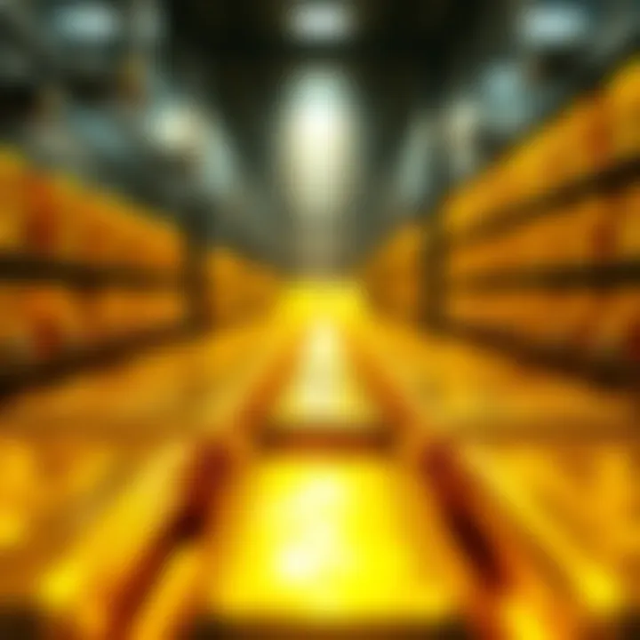 A close-up of gold bullion bars stacked neatly in a secure vault, representing wealth preservation