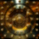 A detailed view of a gold vault door showcasing its intricate locking mechanism and robust design