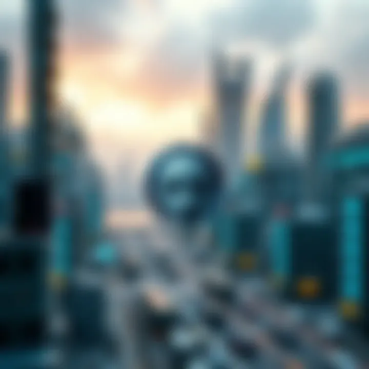 Illustration of a futuristic city enhanced by intelligent digital twins and blockchain solutions