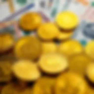 An array of Gold Panda coins displayed against a backdrop of international currency