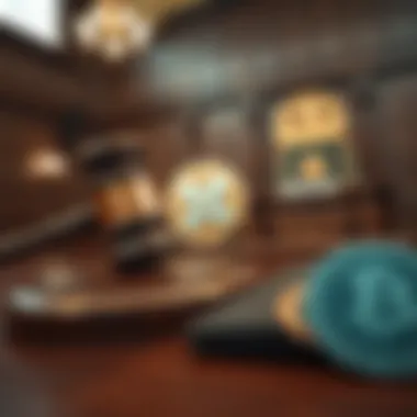 Courtroom with gavel and cryptocurrency symbols