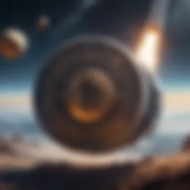 A futuristic depiction of a SpaceX rocket with digital cryptocurrency symbols orbiting around it