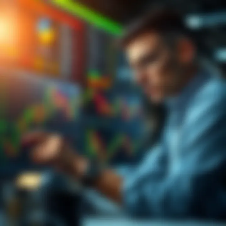 Trader Analysis in the Cryptocurrency Market Visual depiction of a cryptocurrency trader analyzing charts